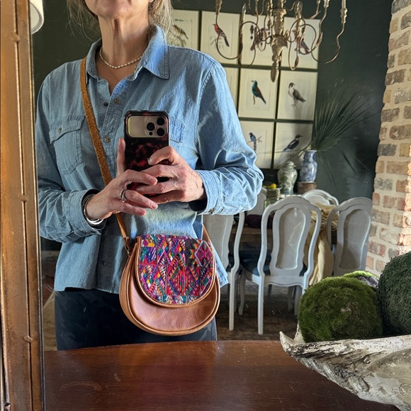 Woven Textile Leather Crossbody Bag Boho Ethnic Southwestern Festival Statement - Picture 9 of 9